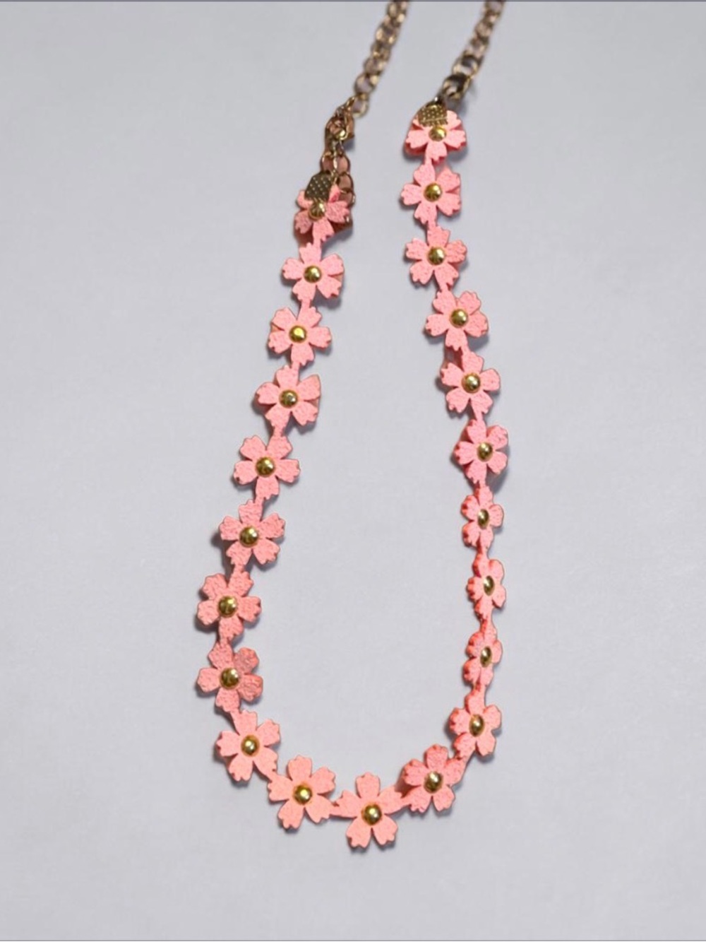 Pink Floral Suede Choker Necklace with Gold Accents